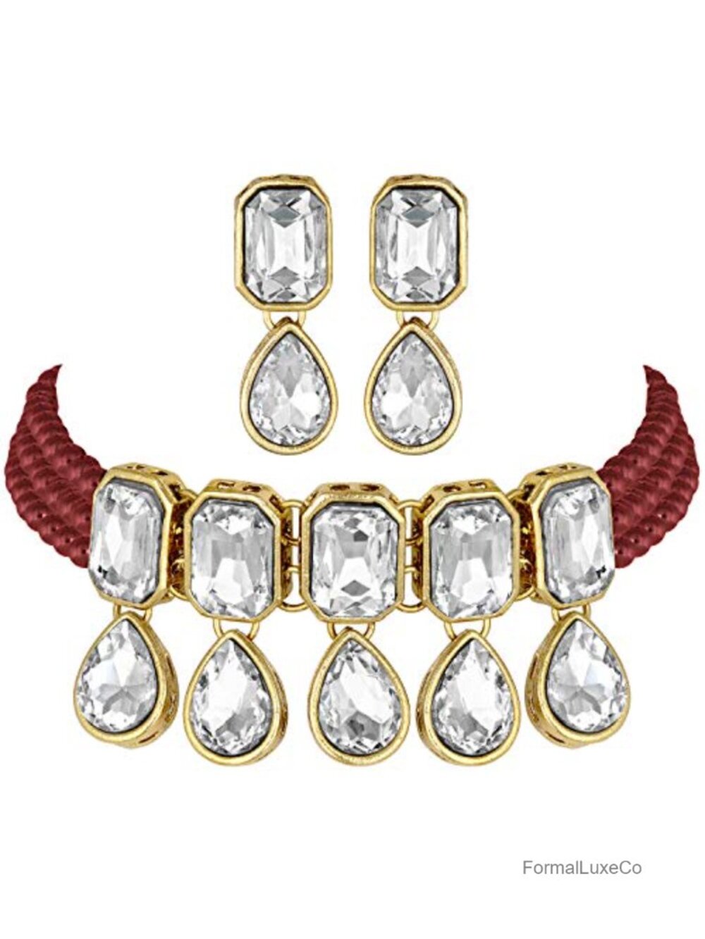 Crystal Pearl Ethnic Bridal Choker Necklace & Earrings Jewelry Set Traditional